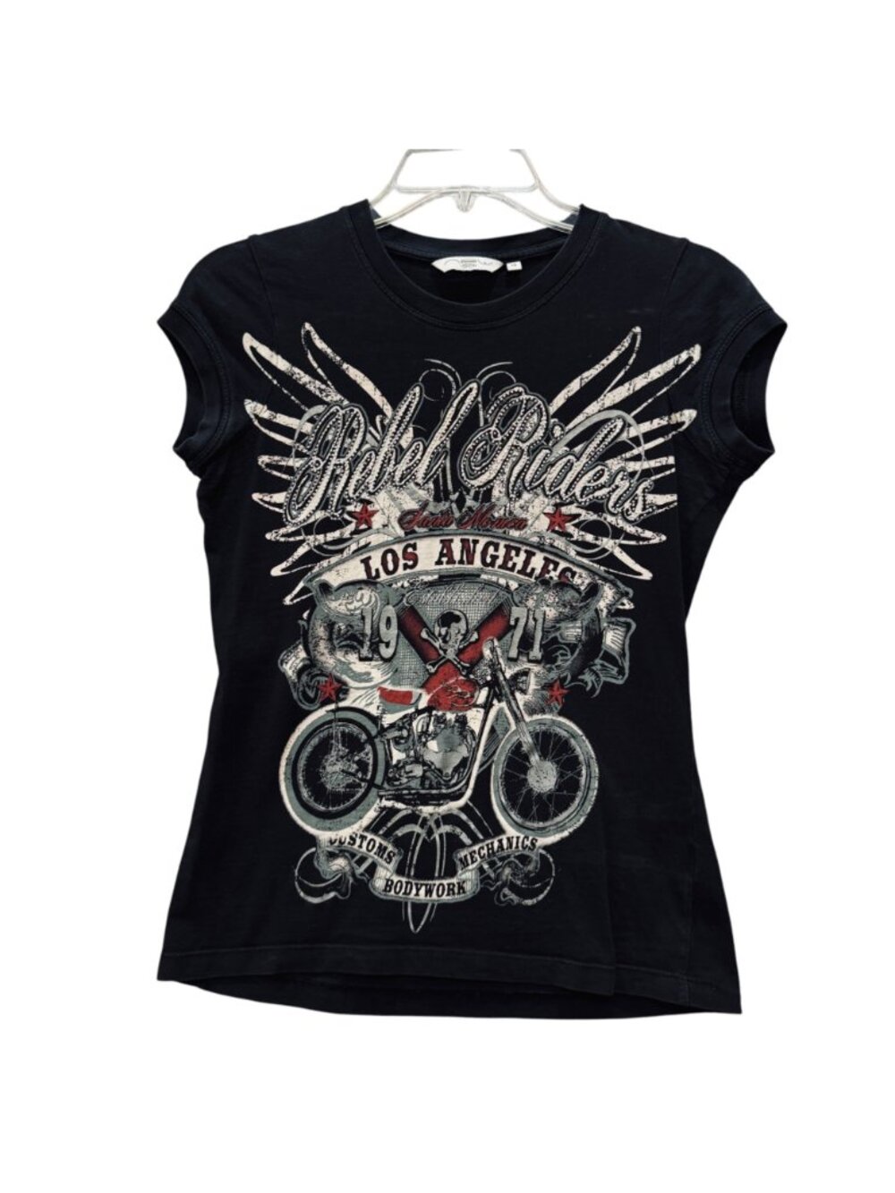 Vintage Black Baby T SMALL Rebel Riders Motorcycle Los Angeles Graphic Sparkle - Picture 2 of 9
